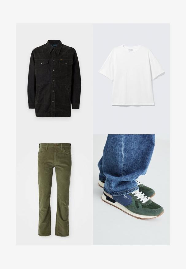 Chaqueta de mezclilla negra con botones a presión, dos bolsillos en el pecho, bolsillos laterales y un cuello con punta. Presenta costuras sutiles y un acabado texturizado.; Camiseta blanca de gran tamaño con mangas cortas, cuello redondo y hombros caídos, plana sobre fondo gris claro.; Pantalones de pana verde oliva con bolsillos frontales, lazos para cinturón, cierre de botón y un ligero acampanado en los bajos.; Zapatillas verdes y navy con detalles de malla y ante, cordones blancos y suela beige. Llevadas con jeans de mezclilla azules, mostrando la zona del tobillo.