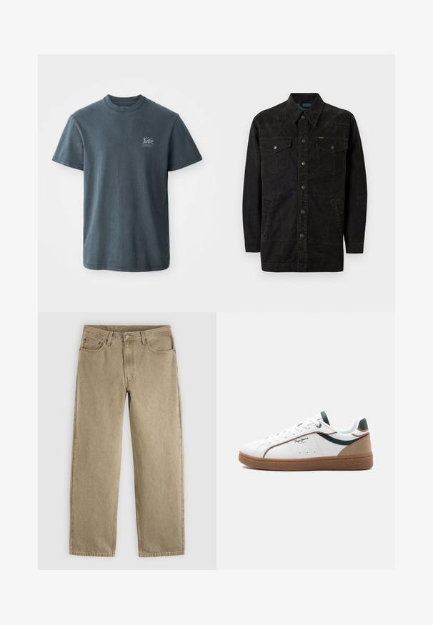 Schwarze Jeansjacke mit Druckknöpfen, zwei Brusttaschen, Seitentaschen und einem spitz zulaufenden Kragen. Merkmale sind dezente Nähte und eine strukturierte Oberfläche.; Dunkelgraues Baumwoll-T-Shirt mit Rundhalsausschnitt, kurzen Ärmeln und einem kleinen aufgedruckten Logo auf der linken Seite. Klassische Passform mit geradem Saum.; Beige Jeans mit geradem Bein, vorderen Taschen, Gürtelschlaufen, Knopfverschluss und sichtbaren Nähten auf hellgrauem Hintergrund.; Weißer Sneaker mit niedriger Schafthöhe, brauner Sohle, grünen und beigen Akzenten, weißen Schnürsenkeln und dem Logo "Pepe Jeans London" an der Seite.