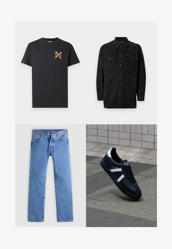 Schwarze Jeansjacke mit Druckknöpfen, zwei Brusttaschen, Seitentaschen und einem spitz zulaufenden Kragen. Merkmale sind dezente Nähte und eine strukturierte Oberfläche.; Schwarzes Baumwoll-T-Shirt mit einem grafischen Design in Orange, das die Worte "ELEMENT" und "REMEMBER" in einem Kreuzmuster auf der Brust zeigt.; Hellblaue Jeans aus Denim mit geradem Bein, fünf Taschen und einem Zwei-Knopf-Verschluss. Sie zeichnen sich durch ein dezentes Verblassen und kontrastierende Nähte aus.; Schwarze Leder-Sneaker mit weißen Streifen, strukturiertem Gummisohle und Schnürung. Verfügt über ein Markenetikett auf der Zunge.