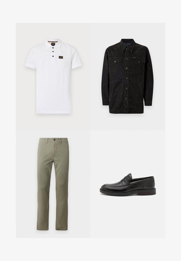 Schwarze Jeansjacke mit Druckknöpfen, zwei Brusttaschen, Seitentaschen und einem spitz zulaufenden Kragen. Merkmale sind dezente Nähte und eine strukturierte Oberfläche.; Weißes Poloshirt aus strukturiertem Baumwollstoff, mit einem Drei-Knopf-Verschluss, kurzen Ärmeln und einem schwarzen Logo-Patch auf der Brust.; Olivgrüne Baumwollhose mit geradem Bein, vorderen Taschen und einer hinteren Tasche, ausgestattet mit einem Knopfverschluss und Gürtelschlaufen.; Schwarze Lederloafers mit genähter Zehenpartie, zwei horizontalen Riemen über dem Blatt und einem Holzabsatz. Glatte Textur und abgerundete Form.
