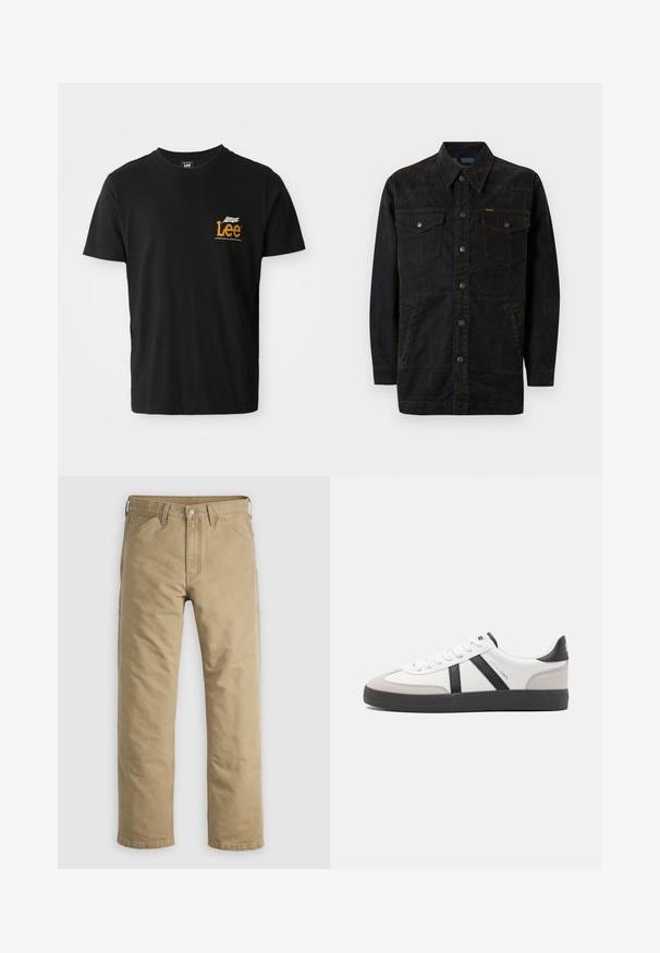 Sort denimjakke med trykknapper, to brystlommer, sidelommer og en spids krave. Har subtil syning og en struktureret overflade.; Sort bomulds t-shirt med korte ærmer og rund halsudskæring, prydet med et lille orange og hvidt grafisk logo på venstre brystområdet.; Khakifarvede bomuldssbukser med lige ben, forlommer og knaplukning. Glat tekstur og forstærkede sømme for holdbarhed.; Hvide sneakers med sorte og grå detaljer, med en tekstureret grå tåhætte, sort gummisål og flade hvide snørebånd. Rent design, minimalistisk stil.