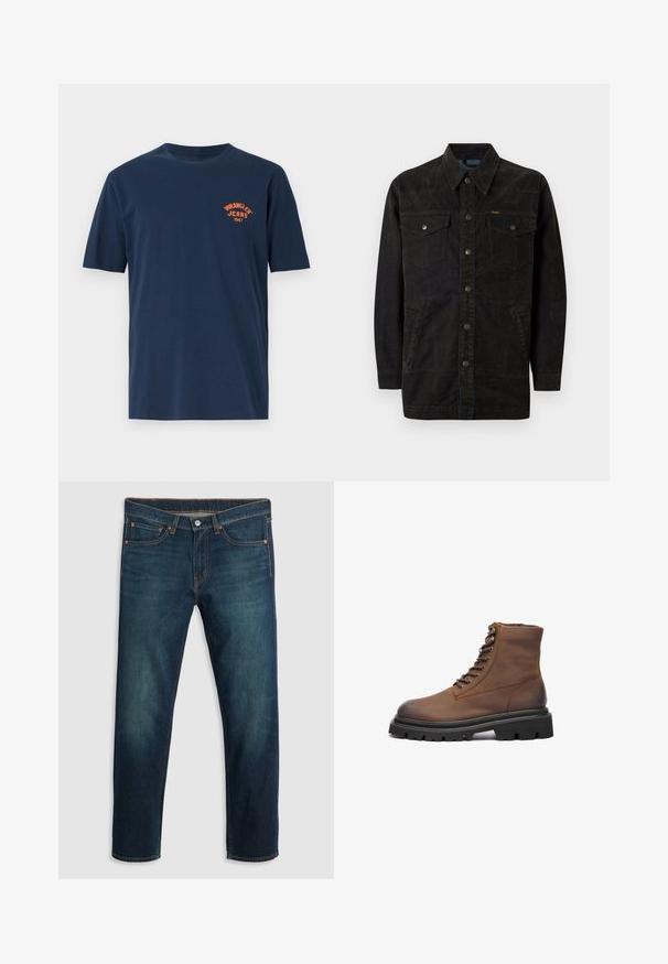 Sort denimjakke med trykknapper, to brystlommer, sidelommer og en spids krave. Har subtil syning og en struktureret overflade.; Marineblå bomulds t-shirt med korte ærmer, rund hals og et orange broderet "Wrangler Jeans 1947" logo på brystet.; Mørkeblå denim jeans med lige ben, fem lommer, kobberfarvet syning og et logo på bageste talje. Glat tekstur og klassisk pasform.; Brun læder ankelstøvle med rund tå, snørebånd fortil, metaløjer og en tykk sort gummisål med skridsikret mønster.