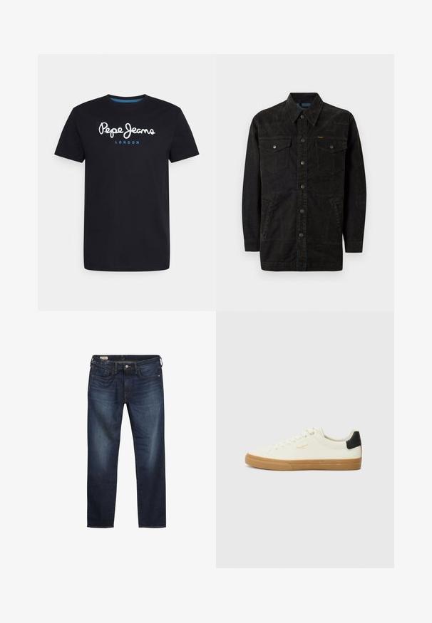 Chaqueta de mezclilla negra con botones a presión, dos bolsillos en el pecho, bolsillos laterales y un cuello con punta. Presenta costuras sutiles y un acabado texturizado.; Camiseta negra de algodón con un logo de guion en blanco "Pepe Jeans" con un acento azul, cuello redondo y mangas cortas. Diseño simple y sólido.; Vaqueros de mezclilla azul oscuro con corte recto, diseño de cinco bolsillos y costura en contraste. Presentan una cintura lisa y cierre con botón metálico.; Zapatilla de lona blanca con suela de goma, acento negro en el talón, punta redonda y diseño con cordones. Presenta el logo de la marca en dorado en el lateral.