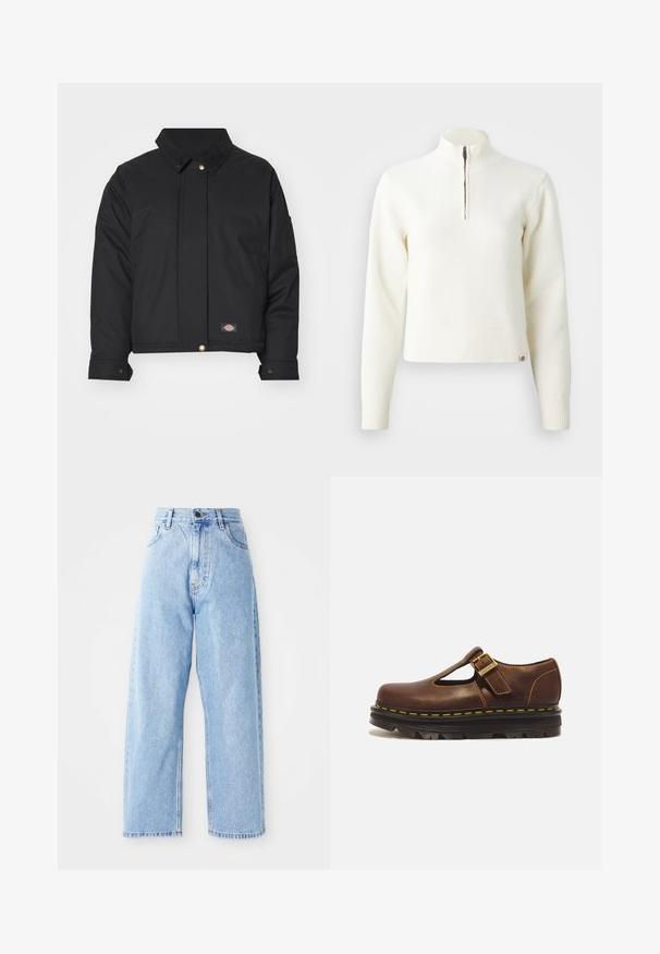 Dickies SEASONAL JACKET - Overgangsjakke - black; Hvid, sweater med lynlås ved halsen og lange ærmer. Lavet af et blødt strikmateriale, med ribbede manchetter og kant. Diskret mærke-logo ved kanten.; Højhalset lysblå denimjeans med lige vide ben, frontknap, lynlås lukning samt front- og baglommer.; Brun lædersko med T-rem, tyk sort sål, gul syning og justerbar spænde lukning på hvid baggrund.