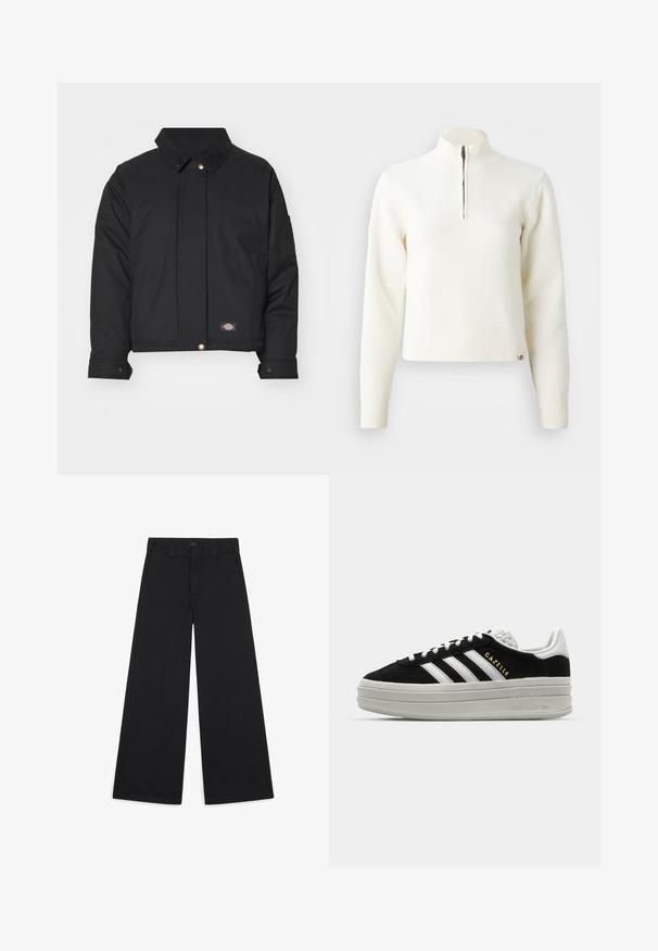 Dickies SEASONAL JACKET - Kerge jope - black; Valge, tõmbluku kaelusega soe sviiter pika varrukaga. Valmistatud pehmest kudumist, millel on soonikkoes mansetid ja alläär. Diskreetne brändi logo allääres.; Laiad mustad püksid, mis on valmistatud pehmest, kudumisest kangast. Omavad presseeritud voldikuid, vöörihmasid ja puhtat, viimistletud lõpptulemust.; Mustkala suède sneaker valgete nahka aktsentidega, kolm valget triipu, lame pael, ja paks hall platvormi talla. Kuldne "Gazelle" bränding.