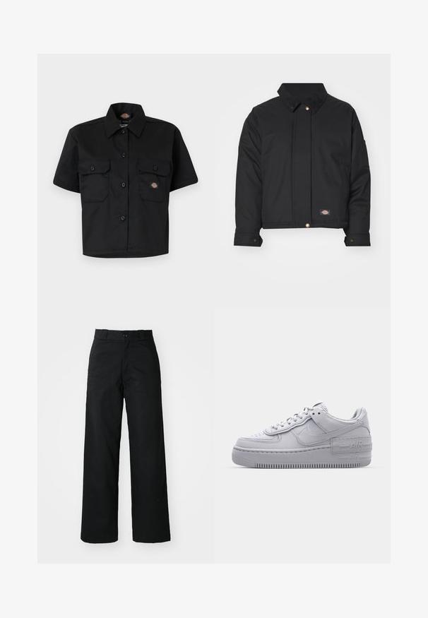 Dickies SEASONAL JACKET - Ľahká bunda - black; Čierne tričko s krátkym rukávom vyrobené z odolnej tkaniny, obsahujúce dve veľké predné vrecká a zapínanie na gombíky s golierom.; Čierne široké nohavice s plochým predným dielom, zapínaním na gombík a pútkami na opasok. Vyrobené z odolného materiálu s hladkou textúrou.; Šedé tenisky Nike Air Force 1 s perforovanou špičkou, hladkým koženým zvrškom, hrubou podrážkou a embosovaným detailom 'AIR' na päte.