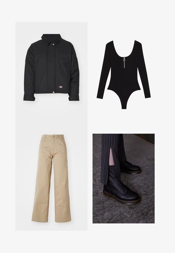 Dickies SEASONAL JACKET - Overgangsjakke - black; Sort langærmet bodysuit med dyb scoop-halsudskæring og lynlåsdetalje foran, der har et sølvtræk. Glat stof med en tætsiddende pasform.; Beige brede bukser lavet af bomuld, med knaplukning og bælteholder, med en glat tekstur og ren finish.; Sorte læder snørebåndsstøvler med en struktureret overflade, gule syninger og en solid, gennemsigtig sål. Samlet med stribede bukser med lynlåse.