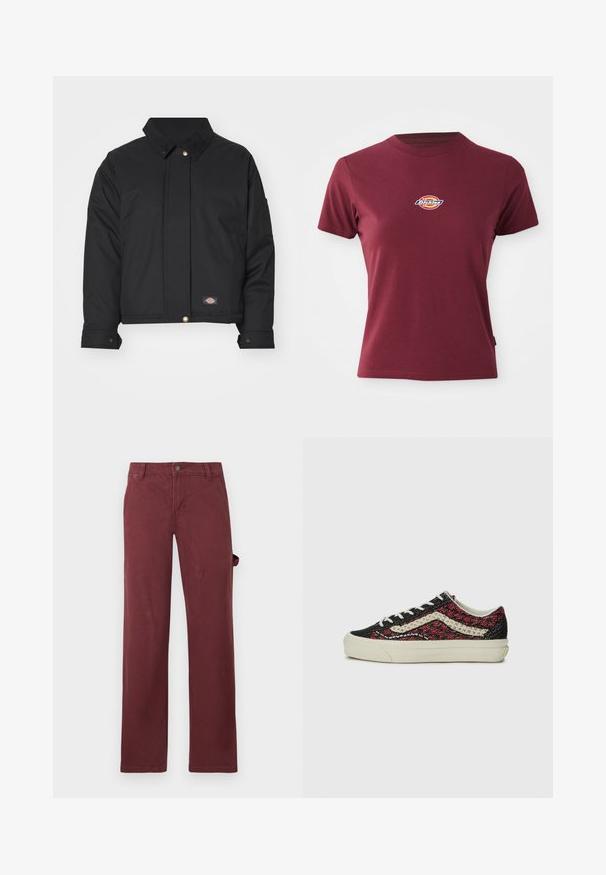 Dickies SEASONAL JACKET - Overgangsjakke - black; Bordeaux kortærmet t-shirt lavet af bomuld med rund halsudskæring og et lille multicoloreret "Dickies" logo på brystet.; Bordeaux lige bukser lavet af bomuld med knaplukning i taljen og sidelommer. Glat tekstur, med et klassisk design og uden mønstre.; Vans OLD SKOOL 36 UNISEX - Sneakers - bordeaux