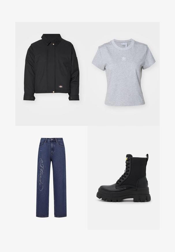 Dickies SEASONAL JACKET - Overgangsjakke - black; adidas Originals ESS SLIM TEE - T-shirts basic - medium grey heather; Mørkeblå denim jeans med løs pasform, der har dekorative sølv rhinsten, som danner teksten "Ed Hardy" langs venstre ben.; Sorte ankelhøje støvler med en kombination af læder og stof, tykk gummisål, snørebånd foran og et gult mærke ved kraven.