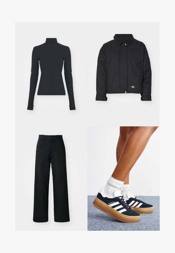 Dickies SEASONAL JACKET - Jas - black; Zwarte geribbelde coltrui met lange mouwen, nauwsluitende pasvorm, gladde textuur en subtiele rek, ontworpen voor comfort en laagjes.; Zwarte wijde broek met een vlakke voorkant, knoopsluiting en riemlussen. Gemaakt van stevige stof met een gladde textuur.; Ben met witte sokken en zwarte Adidas Gazelle sneakers met witte strepen en dikke bruine zolen op een grijs tapijt.