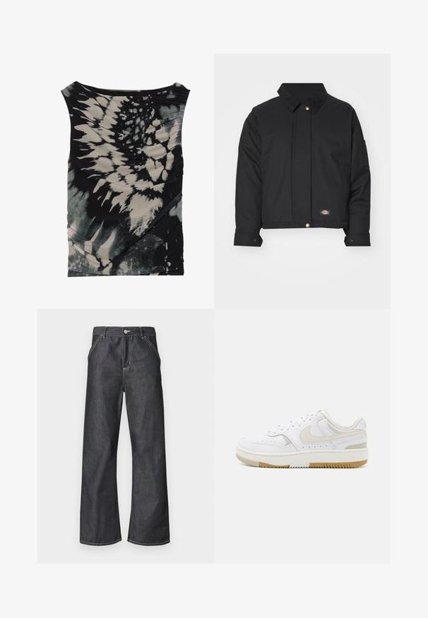 Dickies SEASONAL JACKET - Veste mi-saison - black; Top sans manches noir et crème en tie-dye avec un décolleté drapé et un tissu texturé, présentant un ruché diagonal et des motifs variés.; Pantalon en denim gris foncé à jambes larges, poches avant, passants de ceinture et fermeture par bouton avec une couture blanche visible.; Baskets blanches avec une tige en cuir lisse, accents beige clair, détails perforés et semelle en caoutchouc marron. Design minimaliste.