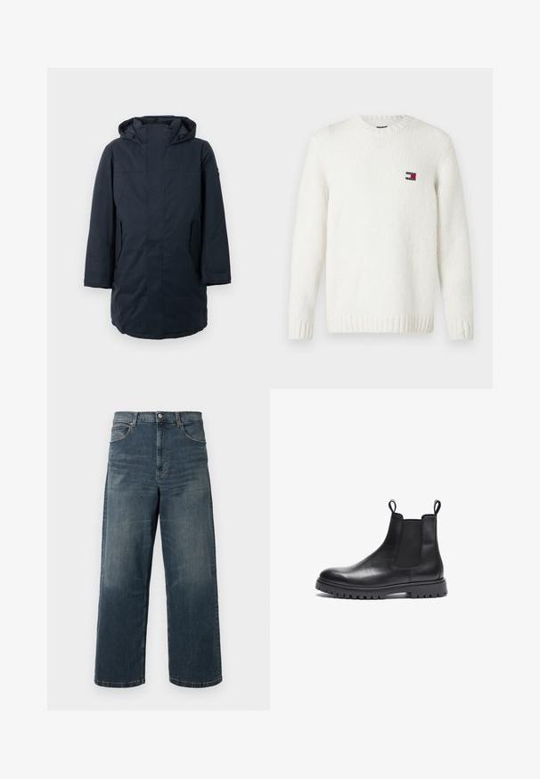 Dunkelblauer Parka mit Kapuze, ausgestattet mit einem Frontreißverschluss, Taschen an den Seiten und einem geraden Schnitt. Hergestellt aus wasserdichtem Material.; Weißer Strickpullover mit runden Halsausschnitt, gerippten Bündchen und Saum; mit einem kleinen patch in rot, weiß und blau auf der Brust.; Weite Jeans in dunkelblauer Denim-Optik mit einem ausgewaschenen Finish, fünf Taschen und robusten Nähten. Knopfverschluss am Bund.; Schwarze Leder Chelsea-Boots mit strukturierter Oberfläche, elastischen Seitenpanels und Zuglaschen. Verfügt über eine klobige Gummisohle mit Profil.