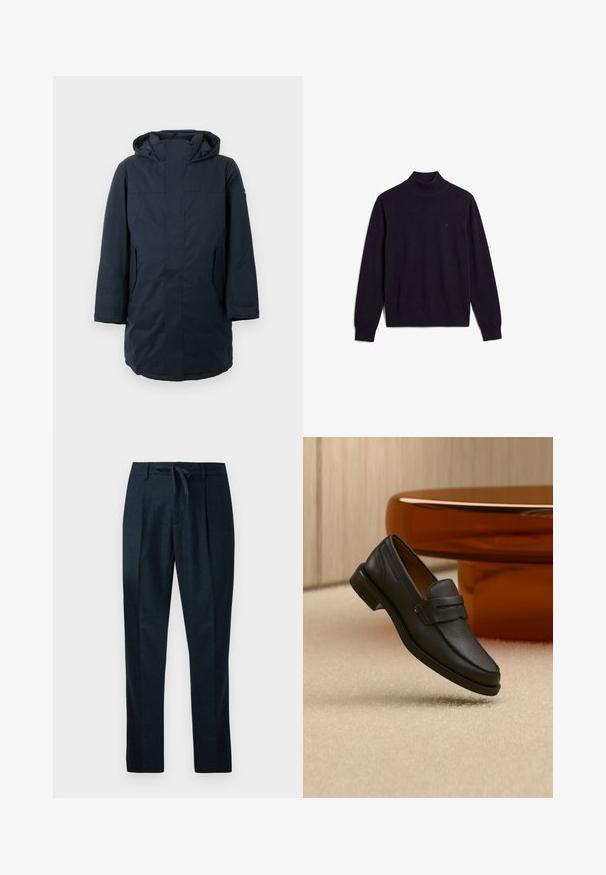 Parka de color azul marino oscuro con capucha, que cuenta con un cierre frontal, bolsillos laterales y un diseño recto. Fabricada con tejido resistente al agua.; Jersey negro de cuello alto y manga larga con cuello, puños y dobladillo acanalados, que muestra un pequeño logo bordado en la parte superior izquierda del pecho.; Pantalones azul marino hechos de un tejido texturizado, con cintura con cordón, piernas rectas y dos pliegues frontales para un aspecto ajustado.; Mocasín de hombre de cuero negro con una banda en la parte superior, exhibido sobre una alfombra beige cerca de una mesa circular moderna marrón.