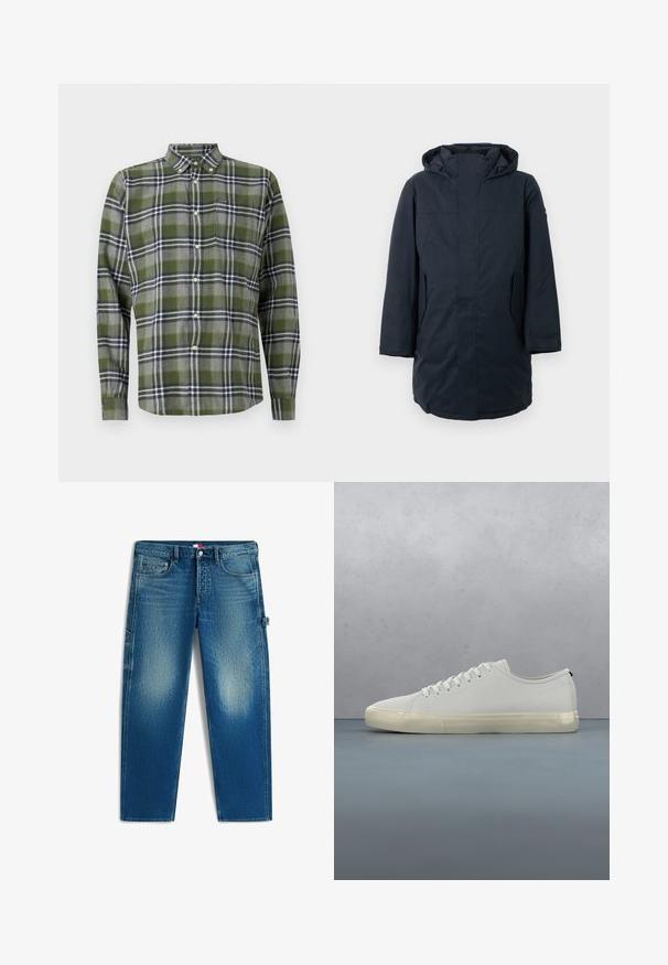 Parka noir marine avec capuche, dotée d'une fermeture éclair à l'avant, de poches latérales, et d'un design droit. Fabriquée en tissu résistant à l'eau.; Chemise à carreaux verts en tissu doux, dotée de manches longues, d'un col boutonné et d'une poche poitrine avec un petit logo.; Jean denim bleu coupe droite avec bouton et zip à l'avant, comportant cinq poches et un léger délavé sur les cuisses et les genoux.; Baskets en cuir blanc avec lacets flottant au-dessus de carreaux en bois carrés et de petits cailloux, avec un arbre et un fond gris.