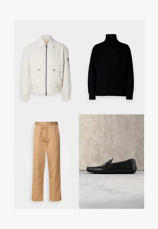 Leichte Bomberjacke aus Creme mit Reißverschluss vorne, zwei Fronttaschen, gerippten Bündchen und einer glatten Textur. Verfügt über einen dezenten orangen Akzent innen am Kragen.; Schwarzer gerippter Rollkragenpullover mit einem Halb-Reißverschluss am Kragen, langärmlig und in lässiger Passform. Die Textur ist weich und grob.; Khaki-Hosen aus Baumwollmischung, im geraden Schnitt, mit Vorderfalten, Gürtelschlaufen und Knopfverschluss. Glatte Textur ohne Muster.; Schwarze Lederloafers mit glänzender Oberfläche, runder Zehenpartie und dekorativem Metallbesatz an der Front. Flache Gummisohle. Glatte Textur.