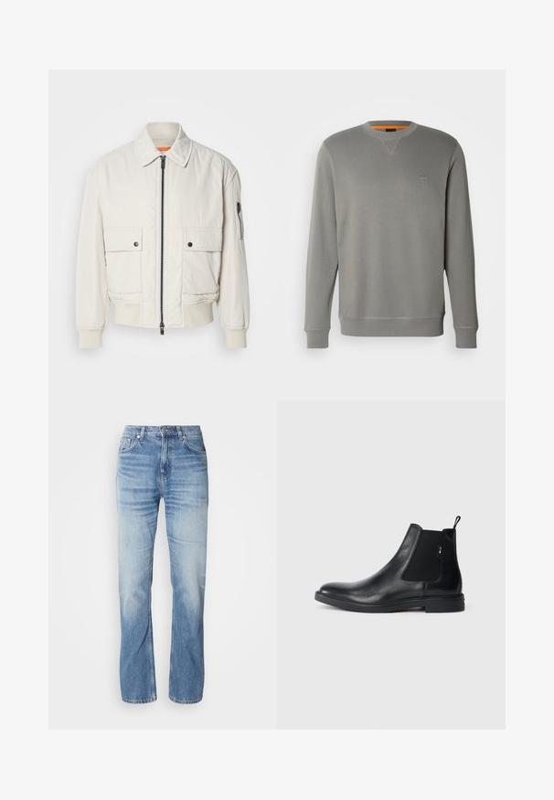 Leichte Bomberjacke aus Creme mit Reißverschluss vorne, zwei Fronttaschen, gerippten Bündchen und einer glatten Textur. Verfügt über einen dezenten orangen Akzent innen am Kragen.; BOSS WESTART - Sweatshirt - open grey sixteen; Hellblaue Jeans aus Denim mit geradem Bein, verblasstem Finish, fünf Taschen und Knopfverschluss. Klassisches Design und mittlere Dicke.; Schwarze Leder Chelsea-Boots mit elastischen seitlichen Einsätzen, einer Zugschlaufe und einer flachen Gummisohle. Glatte Textur mit minimaler Ausgestaltung.