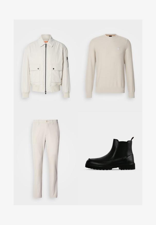 Chaqueta bomber ligera de crema con cremallera frontal, dos bolsillos delanteros, puños acanalados y una textura suave. Presenta un sutil acento naranja en el interior del cuello.; Suéter beige claro hecho de un tejido texturizado. Presenta un cuello redondo, mangas largas y un pequeño logotipo cuadrado en el pecho.; Pantalones beige de corte ajustado, con cierre de botón en la parte delantera, diseño de frente plano y corte recto, confeccionados en una suave mezcla de algodón.; Bota negra de cuero hasta el tobillo con suela texturizada, paneles laterales elásticos y pestaña de tirador sobre fondo gris claro.