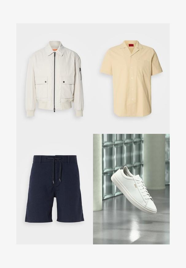Leichte Bomberjacke aus Creme mit Reißverschluss vorne, zwei Fronttaschen, gerippten Bündchen und einer glatten Textur. Verfügt über einen dezenten orangen Akzent innen am Kragen.; Kurzärmliges, hellgelbes Hemd aus strukturiertem Stoff. Mit einem Kentkragen und einer Brusttasche ausgestattet, sowie weißen Knöpfen.; Dunkelblaue Shorts aus leichtem Stoff, mit einem Kordelzugbund, zwei Seitentaschen und einem geraden Beinanschnitt.; Weißer Leder-Low-Top-Sneaker mit Schnürsenkeln, schwarzer Fersenschlaufe und „BOSS“-Logo, der drinnen nahe einer Glassteinwand und einem polierten Boden schwebt.