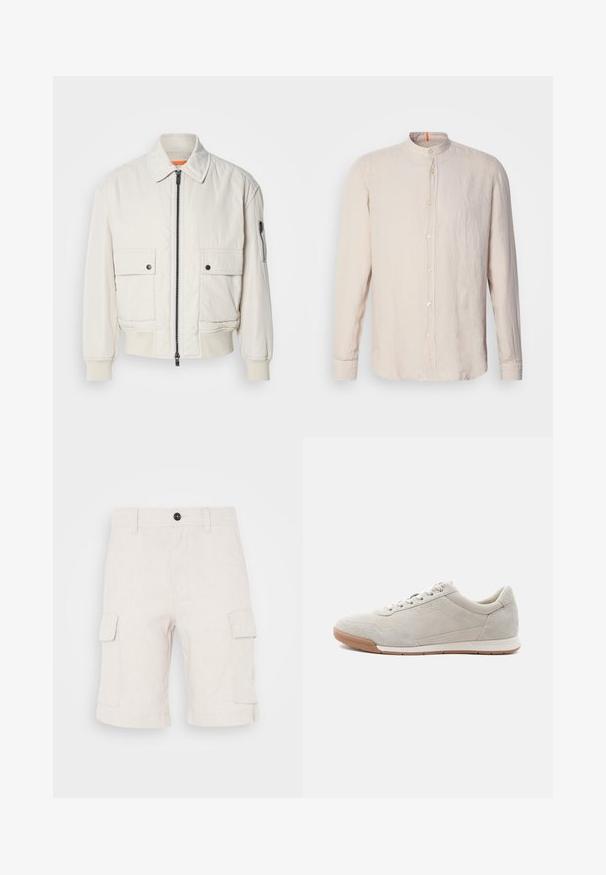 Leichte Bomberjacke aus Creme mit Reißverschluss vorne, zwei Fronttaschen, gerippten Bündchen und einer glatten Textur. Verfügt über einen dezenten orangen Akzent innen am Kragen.; Hellbeige Leinenhemd mit langen Ärmeln und Stehkragen, vorderer Knopfverschluss und subtiler Textur. Mit orangefarbenem Akzent am Ausschnitt.; Beige Cargo-Shorts aus leichtem Stoff, mit zwei seitlichen Taschen und umgeschlagenem Saum. Knopfverschluss an der Taille.; Hellbeiger Wildleder-Sneaker mit weißen Schnürsenkeln, Kautschuksohle und dezenten Nahtdetails, von der linken Seite auf weißem Hintergrund gezeigt.