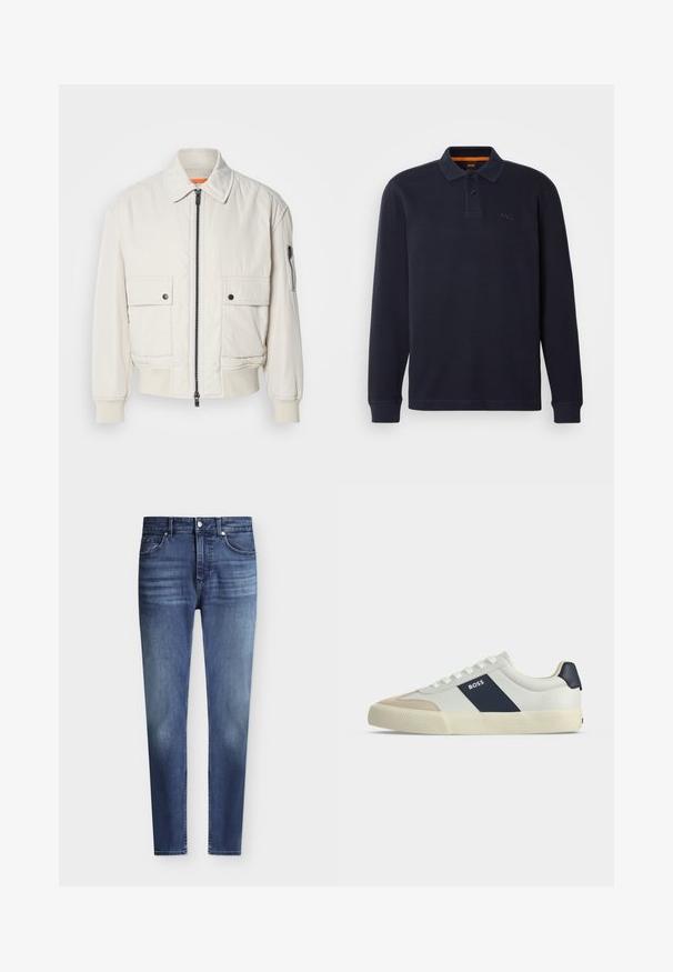 Veste bomber légère en crème avec fermeture éclair sur le devant, deux poches avant, poignets côtelés, et une texture lisse. Présente un subtil accent orange à l'intérieur du col.; Polo shirt à manches longues bleu marine en tissu texturé avec une ouverture pour le col boutonnée. Présente un petit logo brodé sur la poitrine.; Jean slim fit bleu en denim pour homme avec style classique à cinq poches et légère décoloration aux cuisses et aux genoux, fermeture par bouton et zip.; Baskets basses blanches avec bout beige, bande latérale bleu marine marquée BOSS, lacets blancs et semelle en caoutchouc sur fond neutre.