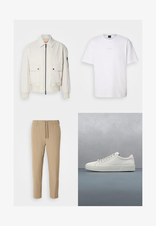 Chaqueta bomber ligera de crema con cremallera frontal, dos bolsillos delanteros, puños acanalados y una textura suave. Presenta un sutil acento naranja en el interior del cuello.; Camiseta de algodón blanca de manga corta, con escote redondo y logotipo grabado de "BOSS" en el pecho. Textura suave, ajuste estándar.; Pantalones beige con corte cónico, cintura elástica y cordón ajustable. Tejido suave con un diseño limpio y sin patrones ni herrajes visibles.; Zapatilla blanca de cuero con punta redondeada, diseño minimalista, cordones grises y suela de goma texturizada gris. Detalles de costura sutiles visibles.