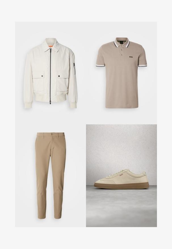 Lettet crembomberjakke med lynlås foran, to brystlommer, ribbede manchetter og en glat tekstur. Har en subtil orange accent indeni kraven.; Beige polo-shirt med klassisk krave, korte ærmer og kantbånd med sort og hvid accent. Broderet 'BOSS' logo på brystet.; Beige bukser lavet af glat stof med lige snit, der har en knaplukning og for- lommer, samt bæltestropper.; Lyse beige ruskindssneaker med gummisål i farven gum, tydelige snørebånd og fine syningsdetaljer. Ren design med et minimalistisk æstetisk udtryk.