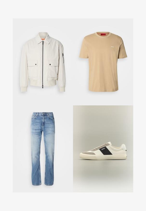 Leichte Bomberjacke aus Creme mit Reißverschluss vorne, zwei Fronttaschen, gerippten Bündchen und einer glatten Textur. Verfügt über einen dezenten orangen Akzent innen am Kragen.; Beige Baumwoll-T-Shirt mit Rundhalsausschnitt, kurzen Ärmeln und einem kleinen weißen "HUGO"-Logo auf der Brust. Glatte Textur ohne Muster.; Hellblaue Jeans aus Denim mit geradem Bein, verblasstem Finish, fünf Taschen und Knopfverschluss. Klassisches Design und mittlere Dicke.; Weißer und hellgrauer Sneaker mit niedrigem Schaft, schwarzer Seitenplatte mit "BOSS"-Logo, strukturierter Gummisohle und beigen Schnürsenkeln auf neutralem Hintergrund.