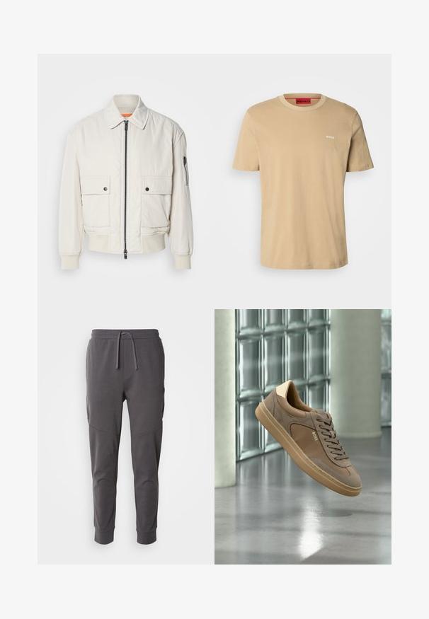 Lichtgewicht crème bomberjack met een ritssluiting aan de voorkant, twee voorzakken, geribde mouwen en een soepele textuur. Bevat een subtiele oranje accent binnenin de kraag.; Beige katoenen t-shirt met een ronde hals, korte mouwen en een klein wit "HUGO" logo op de borst. Een gladde textuur zonder patronen.; Grijze joggingsbroek gemaakt van zachte stof met een elastische tailleband, voorzien van zijzakken en een taps toelopend ontwerp aan de enkels.; Beige casual sneaker met veters en "BOSS"-logo zwevend boven een gepolierde betonnen vloer met achtergrond van een glazen blokken muur.