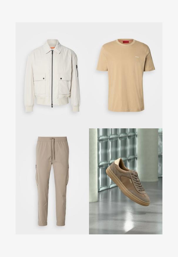 Kevyt kerma bomber-takki vetoketjulla, kahdella etutaskulla, ribbaus-hihansuilla ja sileällä pinnalla. Sisäkauluksessa on hienovarainen oranssi yksityiskohta.; Beige t-paita, jossa on pyöreä kaula-aukko, lyhyet hihat ja pieni valkoinen "HUGO" -logo rinnassa. Tasainen rakenne ilman kuvioita.; Beige cargo-housut, joissa on joustava vyötärö ja naru. Ominaisuuksiin kuuluvat sivutaskut ja kapeneva lahje, valmistettu kevyestä kankaasta.; Beigen värinen rento lenkkari, jossa on nauhat ja "BOSS"-logo, leijuu kiillotetun betonilattian yllä, taustalla lasiblokkiseinä.