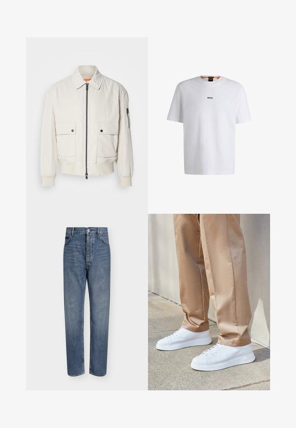 Lichtgewicht crème bomberjack met een ritssluiting aan de voorkant, twee voorzakken, geribde mouwen en een soepele textuur. Bevat een subtiele oranje accent binnenin de kraag.; Witte katoenen T-shirt met korte mouwen, voorzien van een zwart "BOSS"-logo in het midden van de borst en een ronde halsontwerp.; Blauwe denim jeans met rechte pijpen, hoge taille, knoopsluiting aan de voorkant en vijfzakkenontwerp op een effen lichte achtergrond.; Witte leren sneakers met een gladde afwerking, ronde neuzen, witte veters en een minimalistisch ontwerp. Draag ze met lichtbruine, taps toelopende broeken.