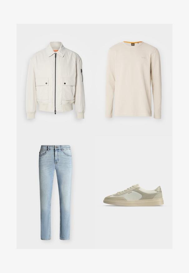 Leichte Bomberjacke aus Creme mit Reißverschluss vorne, zwei Fronttaschen, gerippten Bündchen und einer glatten Textur. Verfügt über einen dezenten orangen Akzent innen am Kragen.; Helles beige Langarm-T-Shirt aus strukturiertem Stoff. Mit Rundhalsausschnitt und einem kleinen Logo auf der Brust, das einen orangefarbenen Akzent im Kragen aufweist.; Hellblaue Slim-Fit-Jeans aus Denim mit vorne Knopf und Reißverschluss, Fünf-Taschen-Design und subtiler Verblassung vom Oberschenkel bis zum Knie.; Beiger und elfenbeinfarbener Sneaker mit Schnürsenkeln, Wildlederdetails und "BOSS"-Logo an der Seite, seitlich auf neutralem Hintergrund abgebildet.