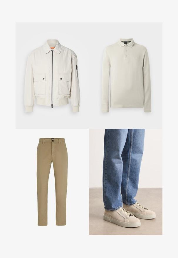 Veste bomber légère en crème avec fermeture éclair sur le devant, deux poches avant, poignets côtelés, et une texture lisse. Présente un subtil accent orange à l'intérieur du col.; Polo à manches longues de couleur beige clair, confectionné dans un tissu doux. Comprend un col, une patte de boutonnage à trois boutons et une broderie discrète du logo sur la poitrine.; Chinos en coton beige avec une coupe ajustée, devant plat et fermeture par bouton. Comprend des passants de ceinture et des poches latérales pour plus de fonctionnalité.; BOSS GARYTENN_SDHDEL - Baskets basses - natural ten