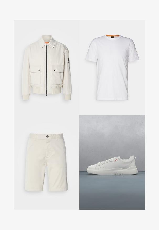 Leichte Bomberjacke aus Creme mit Reißverschluss vorne, zwei Fronttaschen, gerippten Bündchen und einer glatten Textur. Verfügt über einen dezenten orangen Akzent innen am Kragen.; Weißes Baumwoll-T-Shirt mit Rundhalsausschnitt, kurzen Ärmeln und einem dezenten geprägten Logo auf der Brust. Das Innenschild hat einen orangefarbenen Akzent.; Helle beige Shorts aus Baumwolle, mit einem Knopfverschluss, Vordertaschen und abgestepptem Saum. Glatte Textur mit einem lässigen Design.; Weiße Sneaker aus glattem Leder, runde Spitze, vier Ösen, dezente Perforationen und ein rotes Logodetail an der Seite.