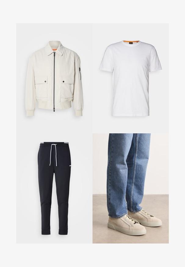 Leichte Bomberjacke aus Creme mit Reißverschluss vorne, zwei Fronttaschen, gerippten Bündchen und einer glatten Textur. Verfügt über einen dezenten orangen Akzent innen am Kragen.; Weißes Baumwoll-T-Shirt mit Rundhalsausschnitt, kurzen Ärmeln und einem dezenten geprägten Logo auf der Brust. Das Innenschild hat einen orangefarbenen Akzent.; Schwarze Slim-Fit-Jogginghose mit weißem Kordelzug, elastischem Bund mit weißen Streifen und kleinem weißen Logo am oberen Oberschenkel.; BOSS GARYTENN_SDHDEL - Sneaker low - natural ten