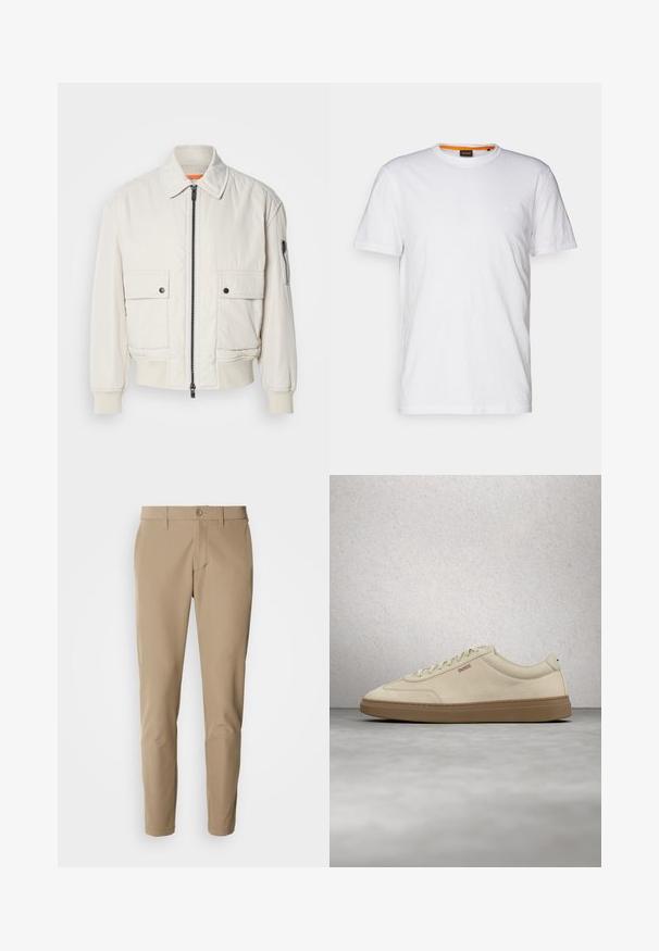 Leichte Bomberjacke aus Creme mit Reißverschluss vorne, zwei Fronttaschen, gerippten Bündchen und einer glatten Textur. Verfügt über einen dezenten orangen Akzent innen am Kragen.; Weißes Baumwoll-T-Shirt mit Rundhalsausschnitt, kurzen Ärmeln und einem dezenten geprägten Logo auf der Brust. Das Innenschild hat einen orangefarbenen Akzent.; Beige Hose aus glattem Stoff mit geradem Schnitt, ausgestattet mit einem Knopfverschluss und frontalen Taschen, ergänzt durch Gürtelschlaufen.; Hellbeiger Wildledersneaker mit Gummisohle, auffälligen Schnürsenkeln und dezenten Nahtdetails. Sauberes Design mit minimalistischem Ästhetik.