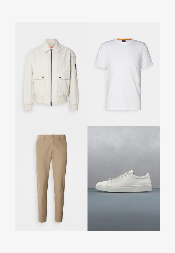 Veste bomber légère en crème avec fermeture éclair sur le devant, deux poches avant, poignets côtelés, et une texture lisse. Présente un subtil accent orange à l'intérieur du col.; T-shirt en coton blanc avec un col rond, des manches courtes et un logo en relief subtil sur la poitrine. L'étiquette intérieure a une touche d'orange.; Pantalons beiges en tissu lisse avec une coupe droite, dotés d'une fermeture à bouton et de poches avant, accompagnés de passants de ceinture.; Baskets en cuir blanc avec un bout arrondi, design minimaliste, lacets gris et semelle en caoutchouc gris texturé. Détails de couture subtils visibles.