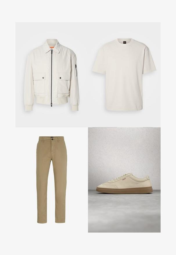 Chaqueta bomber ligera de crema con cremallera frontal, dos bolsillos delanteros, puños acanalados y una textura suave. Presenta un sutil acento naranja en el interior del cuello.; Camiseta de manga corta y cuello redondo en algodón color blanco roto, con un corte recto y un logo minimalista en el cuello. Textura suave, sin patrones.; Chinos de algodón beige con un ajuste slim, frente plano y cierre de botón. Presenta trabillas para cinturón y bolsillos laterales para mayor funcionalidad.; Zapatilla de ante beige claro con suela de goma color caramelo, cordones prominentes y detalles de costura sutiles. Diseño limpio con una estética minimalista.