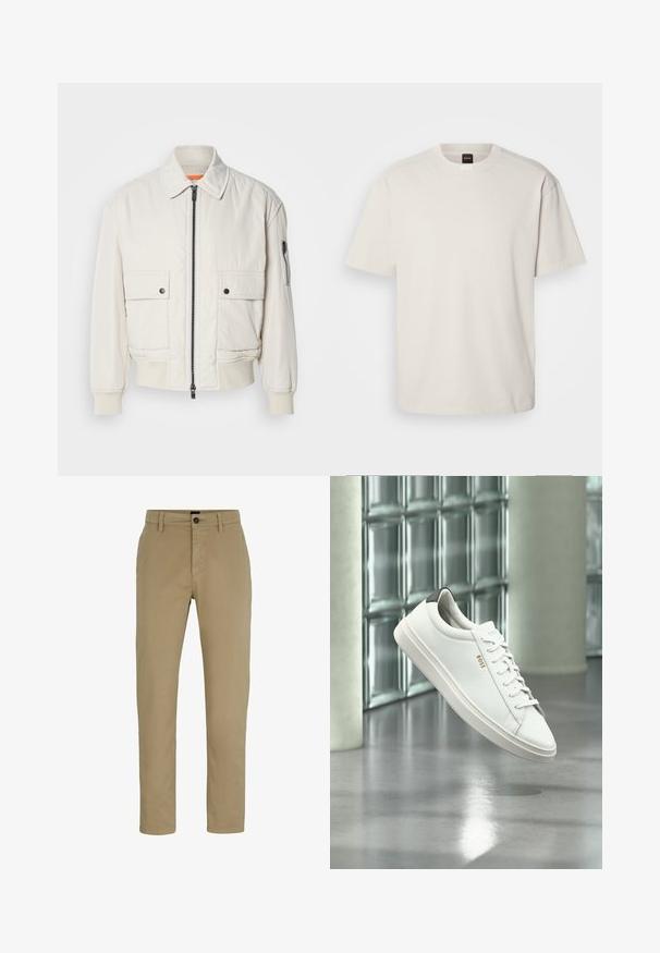 Lichtgewicht crème bomberjack met een ritssluiting aan de voorkant, twee voorzakken, geribde mouwen en een soepele textuur. Bevat een subtiele oranje accent binnenin de kraag.; Korte mouwen, ronde hals t-shirt in off-wit katoen, met een rechte snit en minimale merkvermelding op de hals. Zachte textuur, geen patronen.; Beige katoenen chinos met een slim fit, platte voorkant en een knoopsluiting. Voorzien van ceintuurlussen en zijzakken voor functionaliteit.; Witte leren lage sneaker met veters, zwarte hielstrook en "BOSS"-logo, zwevend binnenshuis bij een glazen stenen muur en gepolijste vloer.