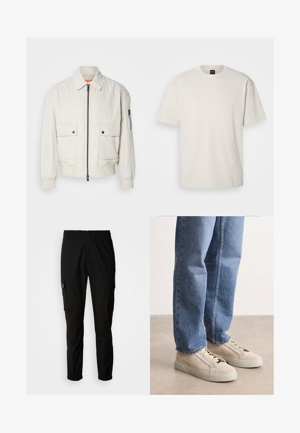 Lettet crembomberjakke med lynlås foran, to brystlommer, ribbede manchetter og en glat tekstur. Har en subtil orange accent indeni kraven.; Kortærmet, crew-neck t-shirt i off-white bomuld med lige snit og minimal branding på kraven. Blød tekstur, uden mønstre.; Sorte cargo bukser lavet af stof, med elastisk talje, knaplukning og flere sidelommer med klapper.; BOSS GARYTENN_SDHDEL - Sneakers - natural ten