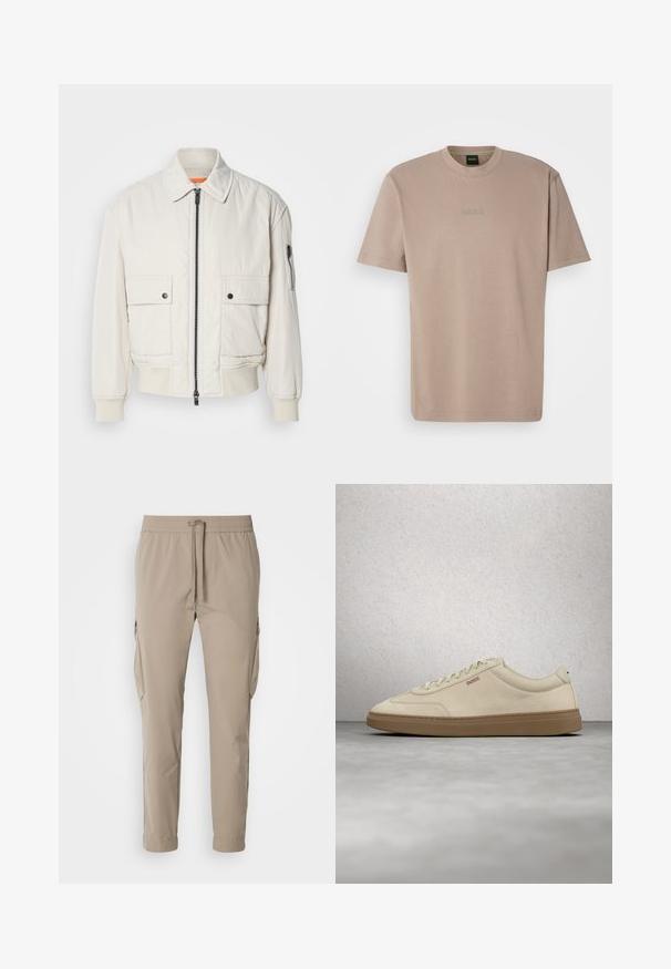 Lettet crembomberjakke med lynlås foran, to brystlommer, ribbede manchetter og en glat tekstur. Har en subtil orange accent indeni kraven.; Beige kortærmet t-shirt i blød bomuld med rund hals, der har et broderet "BOSS" logo på brystet.; Beige cargo bukser med elastisk talje og snøre. Har sidelommer og en tapered ben design, lavet af letvægtsstof.; Lyse beige ruskindssneaker med gummisål i farven gum, tydelige snørebånd og fine syningsdetaljer. Ren design med et minimalistisk æstetisk udtryk.