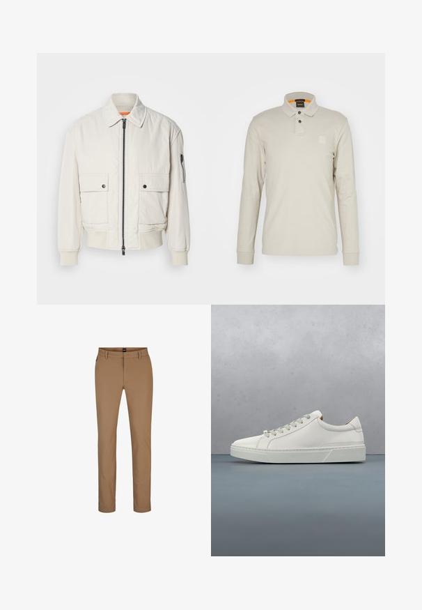 Chaqueta bomber ligera de crema con cremallera frontal, dos bolsillos delanteros, puños acanalados y una textura suave. Presenta un sutil acento naranja en el interior del cuello.; Camisa polo de manga larga en algodón beige claro. Cuenta con un collar, dos botones y un pequeño logotipo en relieve en el pecho. Interior del collar en naranja.; Pantalones marrones claros de mezcla de algodón con un diseño de pierna recta, bolsillos frontales y cremallera. Hardware mínimo y sin patrones visibles.; Zapatilla blanca de cuero con punta redondeada, diseño minimalista, cordones grises y suela de goma texturizada gris. Detalles de costura sutiles visibles.