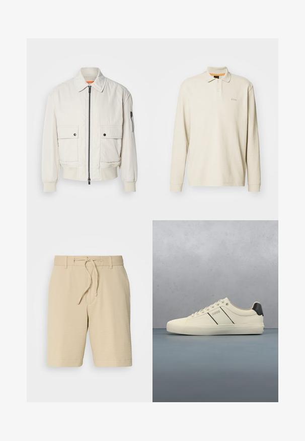 Chaqueta bomber ligera de crema con cremallera frontal, dos bolsillos delanteros, puños acanalados y una textura suave. Presenta un sutil acento naranja en el interior del cuello.; Camisa polo de manga larga en beige claro, con un tejido texturizado, un cuello clásico, dos botones y un sutil logo bordado en el pecho.; Pantalones cortos beige de tela texturizada, con cintura elástica y cordón ajustable, y bolsillos laterales para mayor funcionalidad.; Zapatillas de color crema con una textura suave, que presentan acentos y marcas en negro. Diseño clásico de cordones con punta redonda y suela de goma.