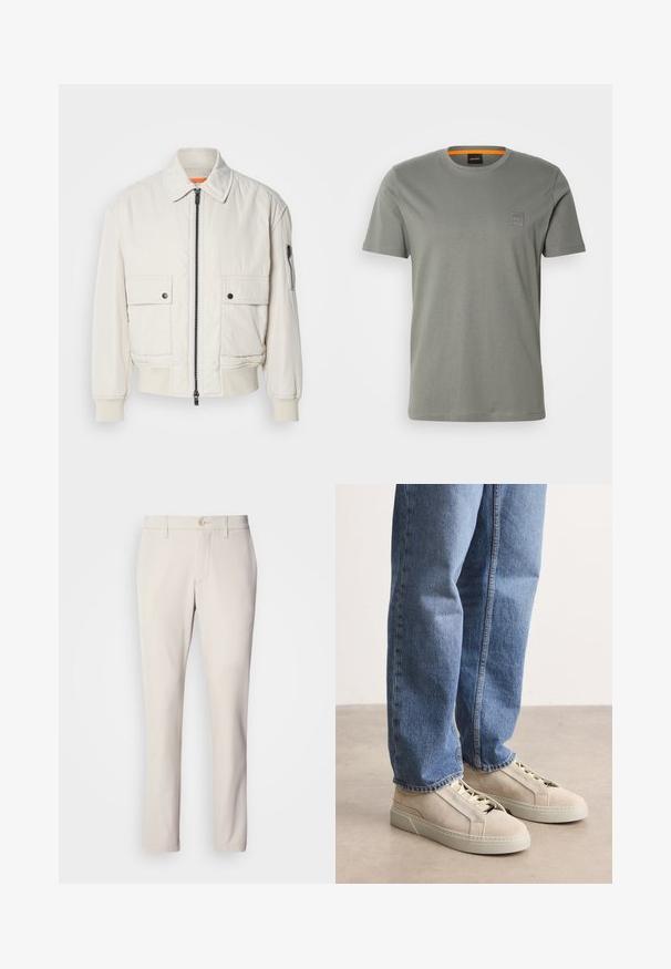 Lettet crembomberjakke med lynlås foran, to brystlommer, ribbede manchetter og en glat tekstur. Har en subtil orange accent indeni kraven.; Grå bomulds t-shirt med korte ærmer og rund halsudskæring. Har et lille firkantet logo-patch på venstre brystområde i en matchende farve.; Beige bukser med slim fit, der har en frontknaplukning, flad frontdesign og lige ben, lavet af glat bomuldsblandingsstof.; BOSS GARYTENN_SDHDEL - Sneakers - natural ten