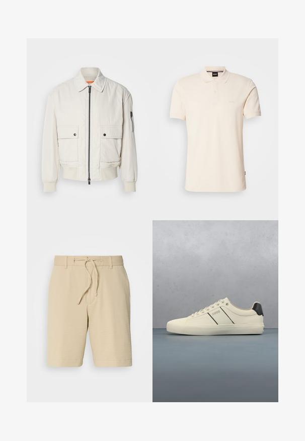 Lettet crembomberjakke med lynlås foran, to brystlommer, ribbede manchetter og en glat tekstur. Har en subtil orange accent indeni kraven.; Beige polo-shirt lavet af bomuld, med krave og to-knaps placket. "BOSS" logoet broderet på brystet, korte ærmer, enkelt design.; Beige shorts lavet af tekstureret stof, med en elastisk talje med snøre og sidelommer for funktionalitet.; Cremefarvede sneakers med en glat tekstur, der har sorte accenter og branding. Klassisk snørebåndsdesign med rund tå og gummisål.