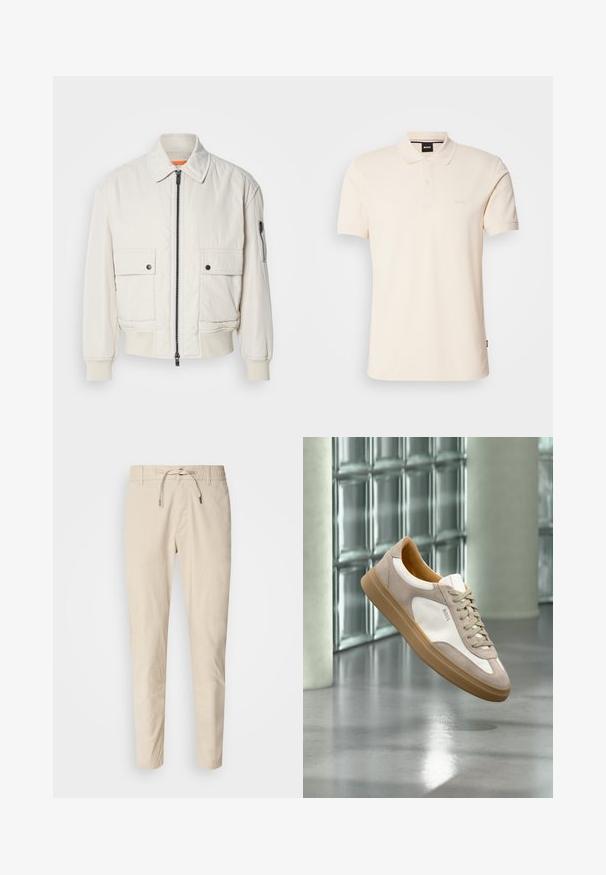 Lettet crembomberjakke med lynlås foran, to brystlommer, ribbede manchetter og en glat tekstur. Har en subtil orange accent indeni kraven.; Beige polo-shirt lavet af bomuld, med krave og to-knaps placket. "BOSS" logoet broderet på brystet, korte ærmer, enkelt design.; Lys beige bukser med en glat stoftekstur, elastisk talje og justerbar snor. Taperet ben-design. Ingen synlige mønstre.; Beige og hvid sneaker med tan sål og "BOSS" logo, ophængt over en reflekterende glat gulv med glasblokvæg i baggrunden.