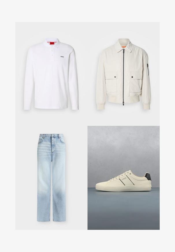 Chaqueta bomber ligera de crema con cremallera frontal, dos bolsillos delanteros, puños acanalados y una textura suave. Presenta un sutil acento naranja en el interior del cuello.; Camisa polo blanca de manga larga hecha de algodón con cuello, tapeta de tres botones y el logo negro "HUGO" en el lado izquierdo del pecho.; Vaqueros azul claro de talle alto y pierna recta con bolsillos delanteros, trabillas para cinturón y cierre de botón.; Zapatillas de color crema con una textura suave, que presentan acentos y marcas en negro. Diseño clásico de cordones con punta redonda y suela de goma.