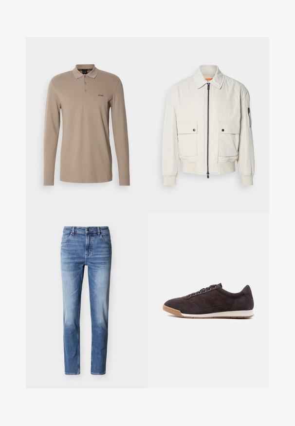 Leichte Bomberjacke aus Creme mit Reißverschluss vorne, zwei Fronttaschen, gerippten Bündchen und einer glatten Textur. Verfügt über einen dezenten orangen Akzent innen am Kragen.; Langarm-Polohemd in hellem Beige, aus glattem Baumwollstoff. Mit einem klassischen Kragen, einer Knopfleiste mit drei Knöpfen und einem gestickten Logo.; Hellblaue Denim-Jeans mit geradem Bein, ausgewaschenen Details, fünf Taschen, Metallknopfverschluss und Gürtelschlaufen.; Dunkelbrauner Wildleder-Sneaker im Freizeitstil mit Schnürverschluss und hellbrauner Gummisohle, seitlich auf weißem Hintergrund dargestellt.