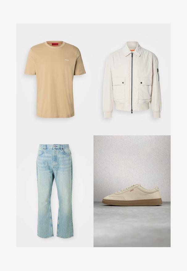 Lettet crembomberjakke med lynlås foran, to brystlommer, ribbede manchetter og en glat tekstur. Har en subtil orange accent indeni kraven.; Beige bomulds t-shirt med rund halsudskæring, korte ærmer og et lille hvidt "HUGO" logo på brystet. Glat tekstur uden mønstre.; Lysblå denim flared jeans med høj talje, der har fem lommer, bæltestropper og en toned vævning.; Lyse beige ruskindssneaker med gummisål i farven gum, tydelige snørebånd og fine syningsdetaljer. Ren design med et minimalistisk æstetisk udtryk.