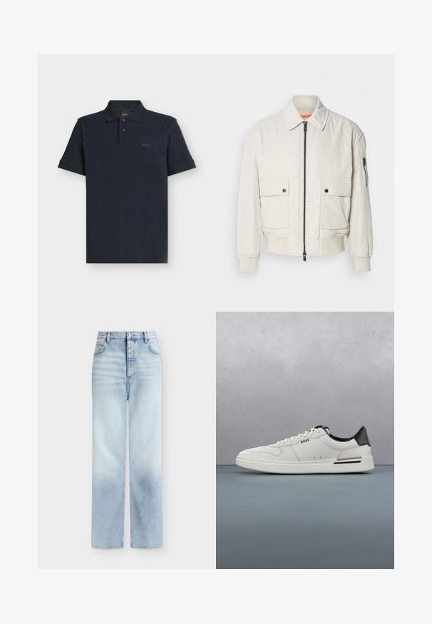 Leichte Bomberjacke aus Creme mit Reißverschluss vorne, zwei Fronttaschen, gerippten Bündchen und einer glatten Textur. Verfügt über einen dezenten orangen Akzent innen am Kragen.; Marineblaues Polo-Shirt mit kurzen Ärmeln, Zwei-Knopf-Leiste und dezentem "BOSS"-Logo auf der linken Brust.; Hellblaue, hoch taillierte Jeans mit geradem Bein, Fronttaschen, Gürtelschlaufen und einem Knopfverschluss.; Weißer Sneaker mit niedrigem Schnitt und schwarzer Ferse, Schnürverschluss, dezenten Perforationen und "BOSS"-Logo an der Seite, gezeigt von der äußeren Seitenansicht.