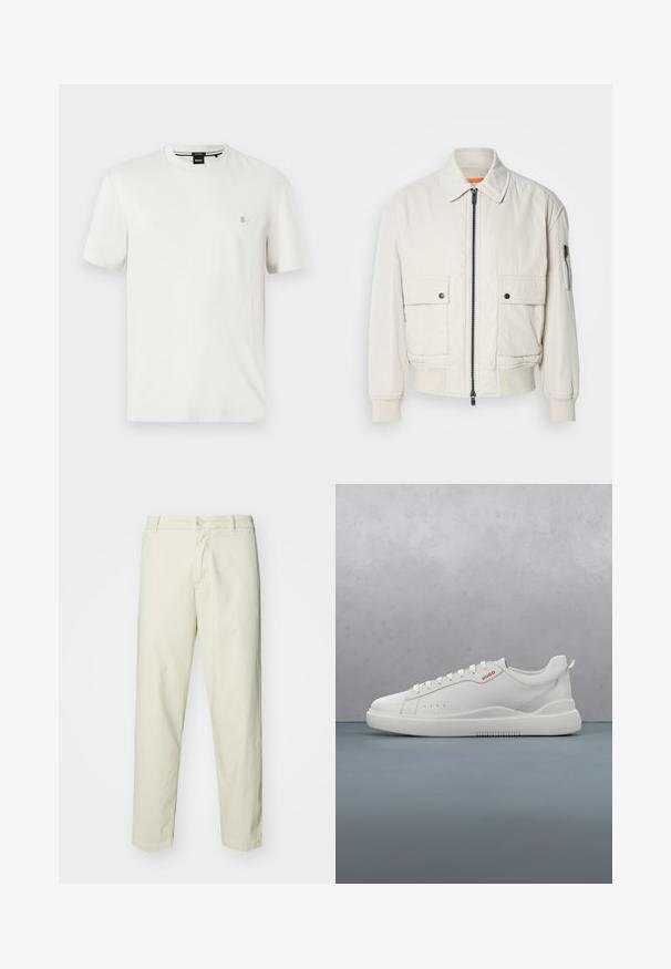 Veste bomber légère en crème avec fermeture éclair sur le devant, deux poches avant, poignets côtelés, et une texture lisse. Présente un subtil accent orange à l'intérieur du col.; T-shirt en coton blanc avec un col rond, des manches courtes et une petite étiquette logo sur la poitrine gauche. Texture lisse, coupe régulière.; Pantalon en coton beige clair avec une coupe droite, dotés d'une fermeture à bouton à l'avant et de poches standard, texture lisse et sans motifs.; Sneaker blanche avec une finition en cuir lisse, bout rond, quatre œillets, perforations subtiles et un détail de logo rouge sur le côté.